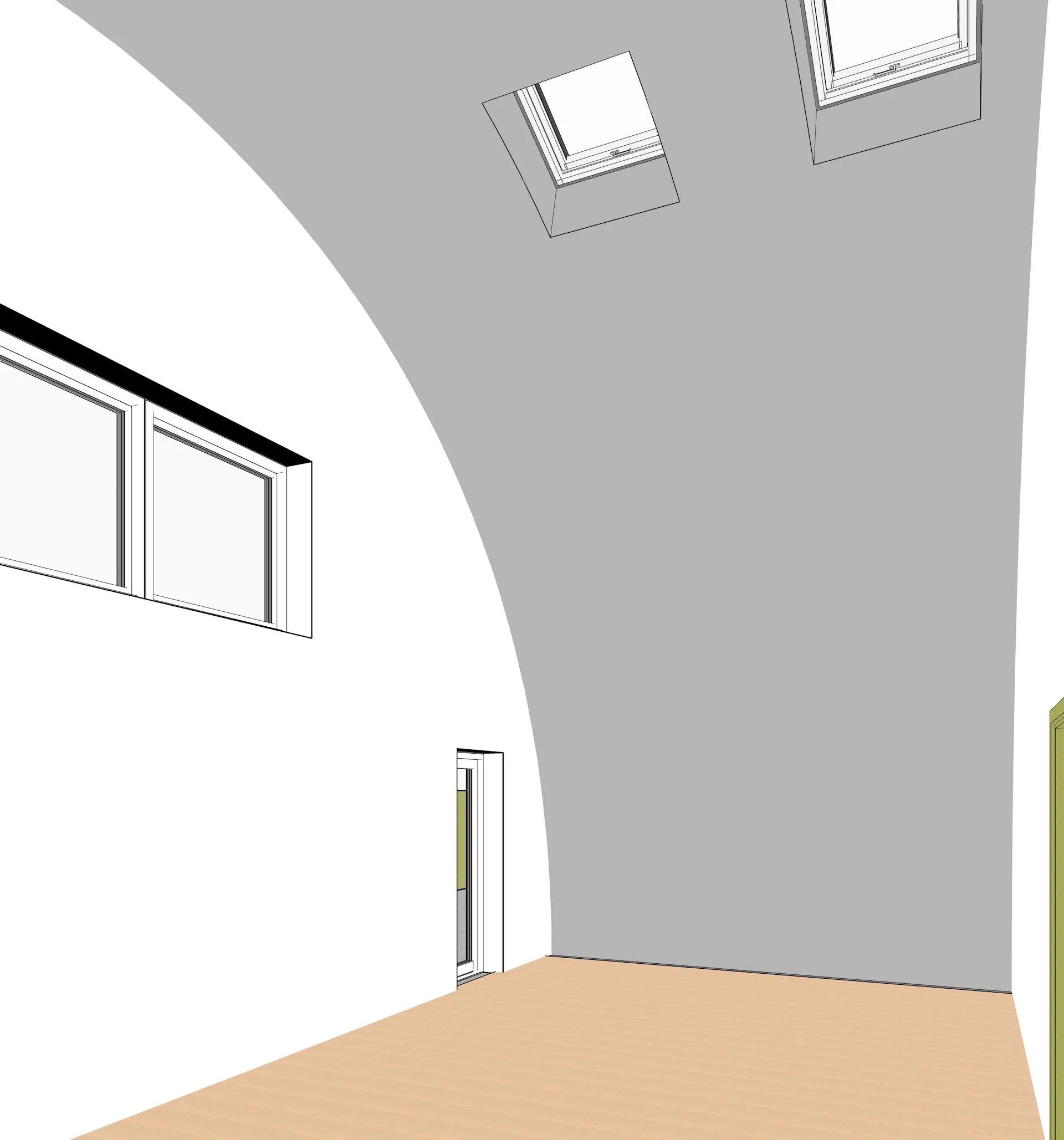 Yogarummet i retreat-anlægget — højt hvælvet loft med tagvinduer